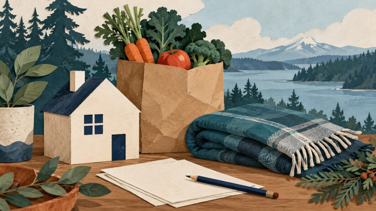 Generated illustration of a small house, groceries, folded blankets and application papers.