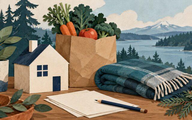 Generated illustration of a small house, groceries, folded blankets and application papers.