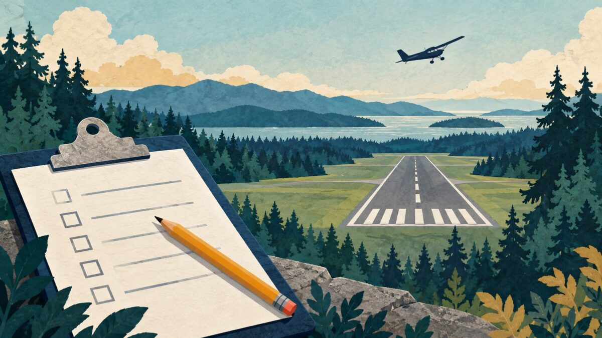 Generated illustration of an airplane, a runway and a survey clipboard in a Northwest landscape.