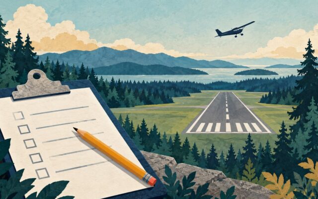 Generated illustration of an airplane, a runway and a survey clipboard in a Northwest landscape.