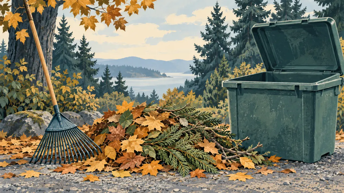 Illustration of fallen leaves, garden branches and a rake beside an open yard-waste container.