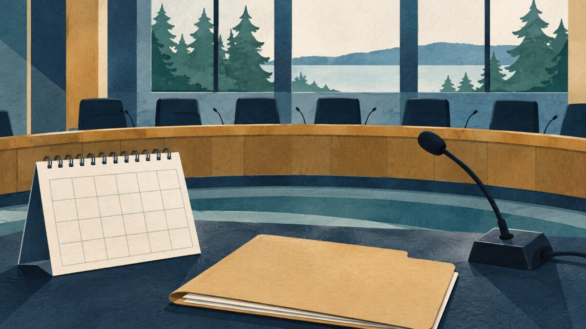 Generated illustration of a calendar and folder in an empty public meeting room.