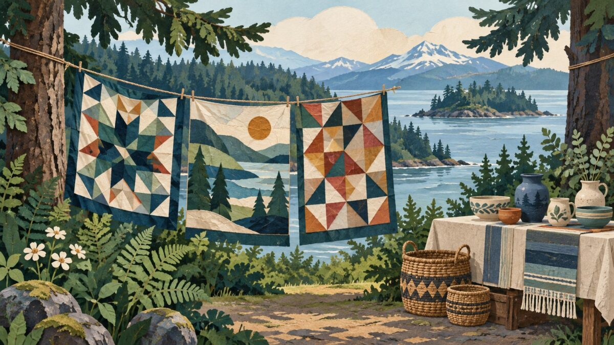 Generated illustration of colorful quilts between trees and handmade pottery beside a wooded inlet.