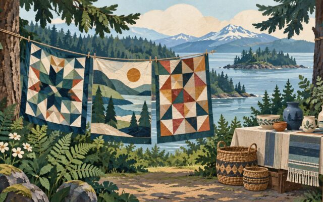 Generated illustration of colorful quilts between trees and handmade pottery beside a wooded inlet.