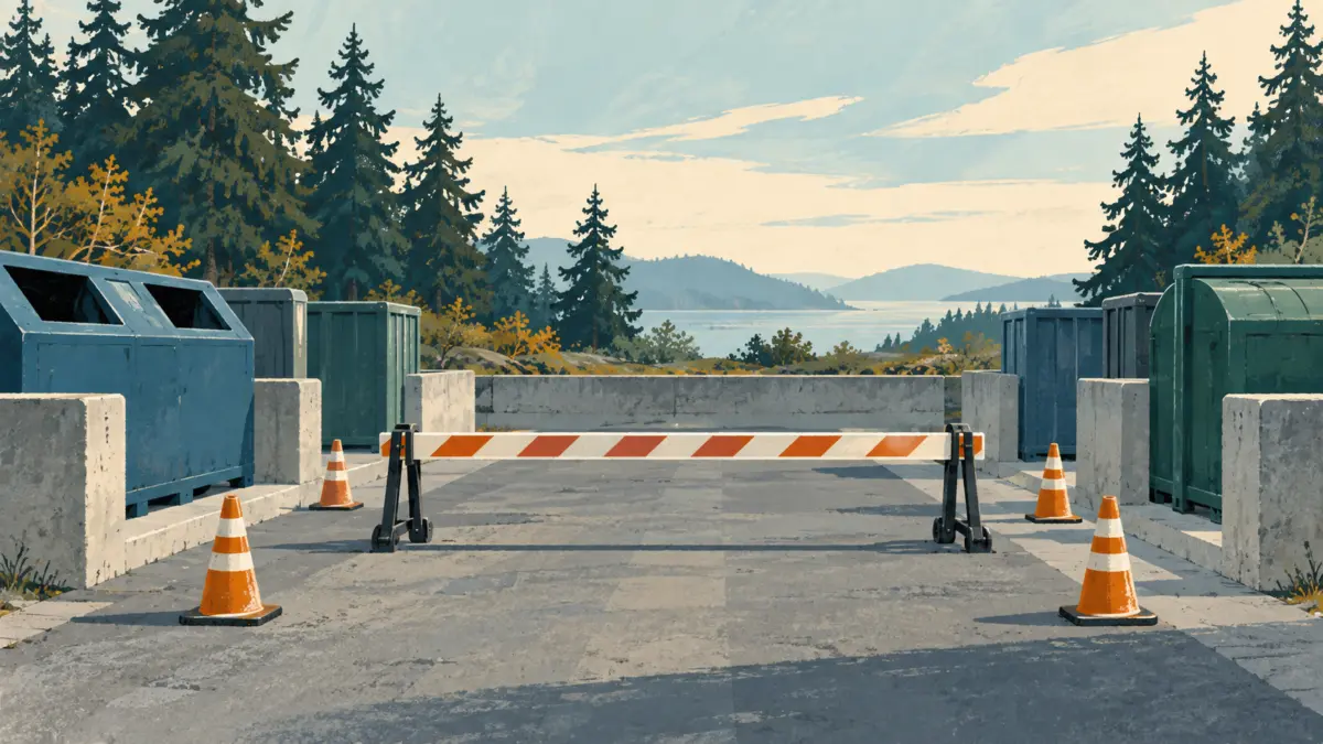 Illustration of recycling containers behind a closed barrier with construction cones.