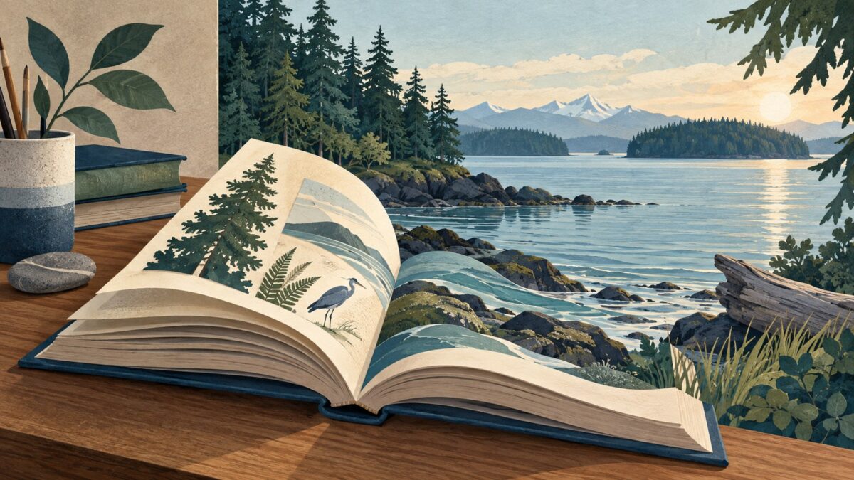Generated illustration of an open book blending into a wooded Puget Sound shoreline.