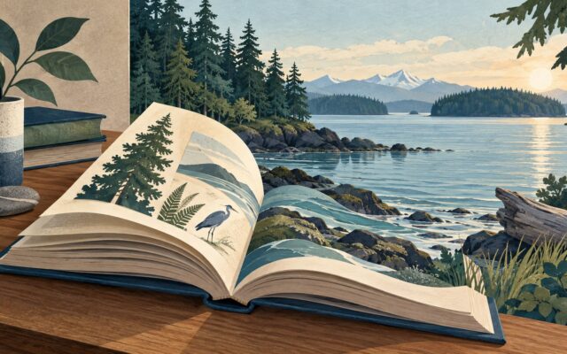 Generated illustration of an open book blending into a wooded Puget Sound shoreline.