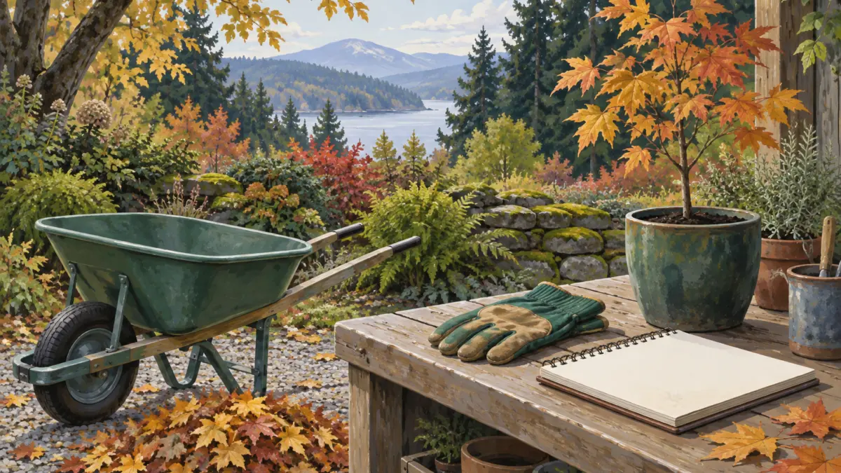 A wheelbarrow, autumn leaves, gloves and a potted young tree beside a garden notebook.
