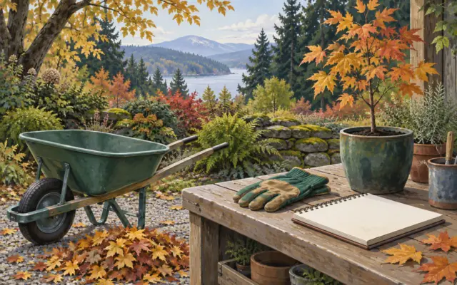 A wheelbarrow, autumn leaves, gloves and a potted young tree beside a garden notebook.