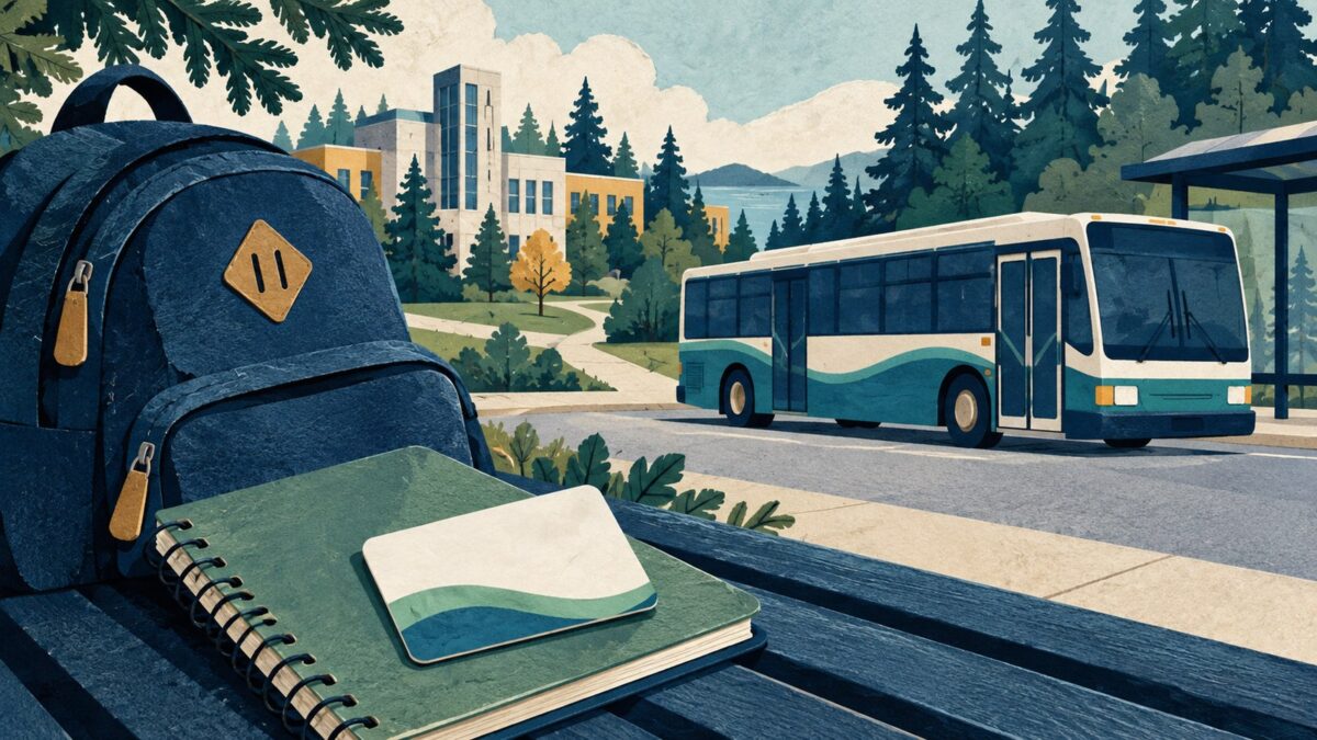 Generated illustration of a backpack, notebook and blank transit card near a bus and campus.