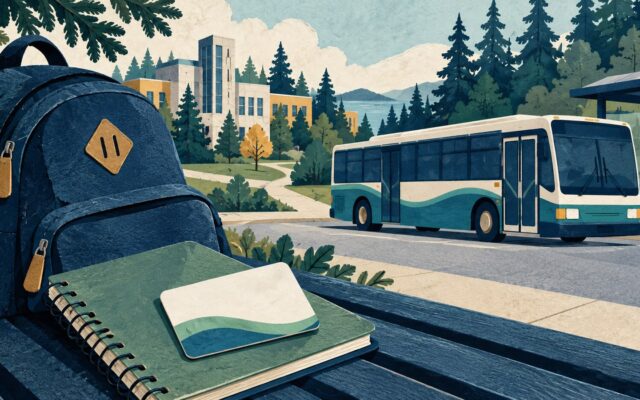 Generated illustration of a backpack, notebook and blank transit card near a bus and campus.